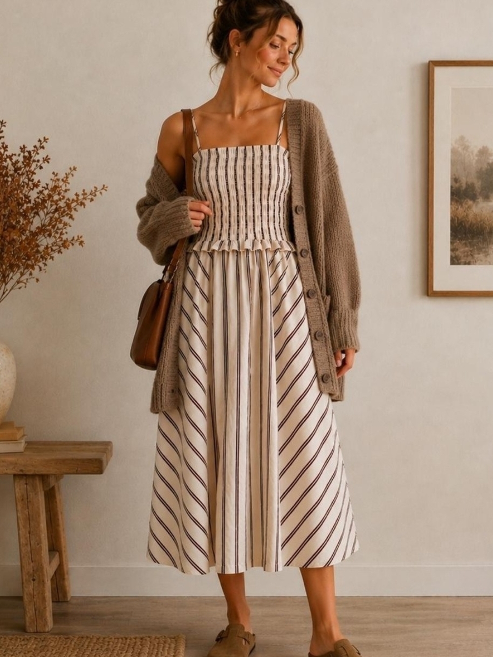 Trixxi Cream and Brown Striped Smocked Midi Dress